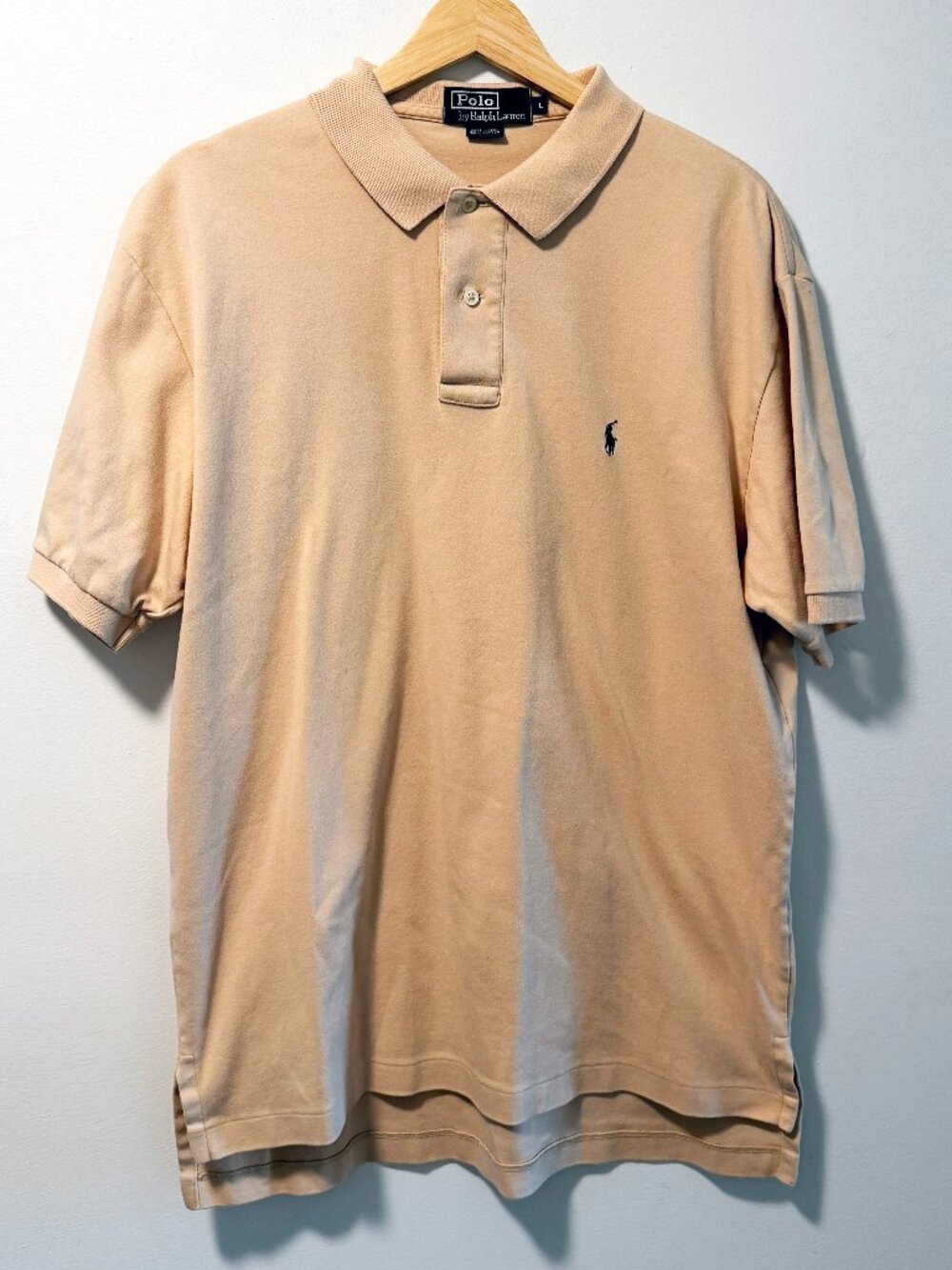 Polo Ralph Lauren Tan Polo Shirt Green Pony - Mens Large - Peru - Vintage